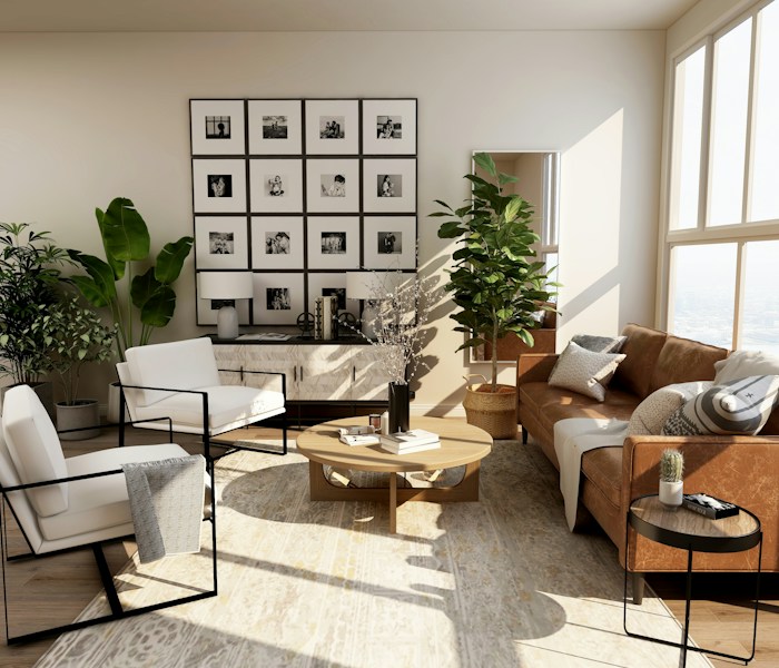 Sala com sofá, almofadas e decoração